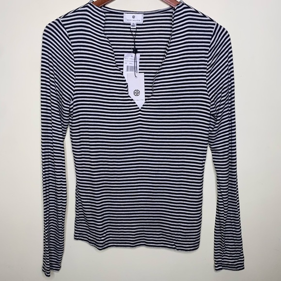Socialite Tops - NWT Socialite Small Black and White Striped Soft Top with Scalloped V-Neckline